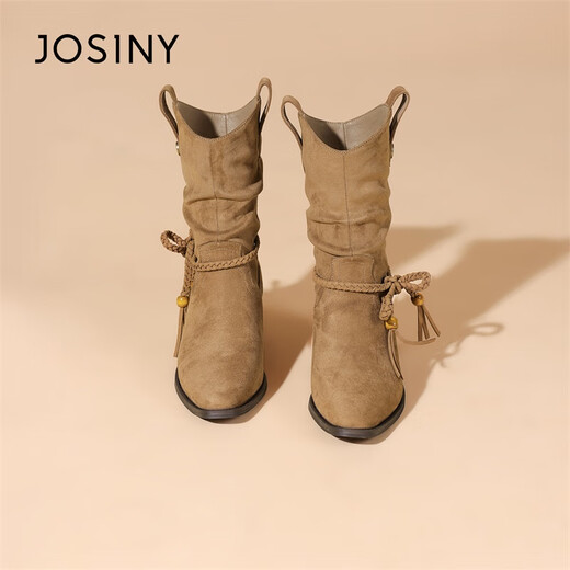 
Zhuoshini short boots for women 2025 autumn new retro beaded Maillard western cowboy boots pointed toe fold pile boots single boots Camel color - single 37