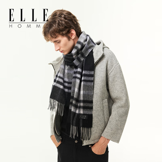 ELLE Fashion Plaid Tassel Scarf Men's and Women's Universal Pure Wool Autumn and Winter Warm Scarf Men's Gift Box