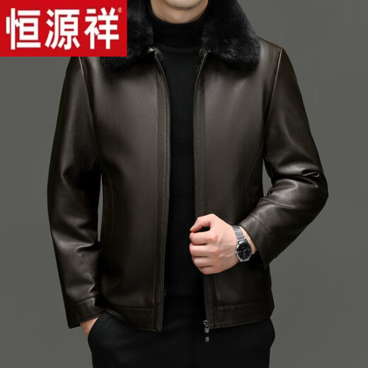 Hengyuanxiang velvet thickened simulated leather jacket for men, middle-aged and elderly dad autumn and winter coat, warm fur all-in-one leather jacket, coffee color 4XL 195