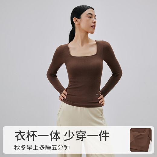 Gigt Jiji Yoga Wear Women's Autumn Warm Ribbed Sports Long Sleeve Square Collar Slimming Pilates Training Wear Brown S (S/M)