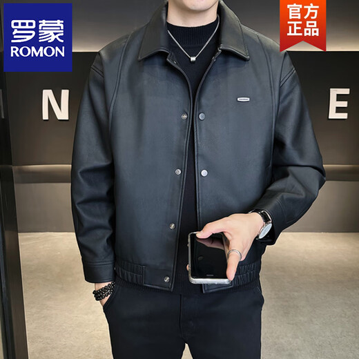 ROMON Leather Jacket Men's 2026 New Spring and Autumn Trendy Lapel Casual Men's Motorcycle Leather Jacket Black M