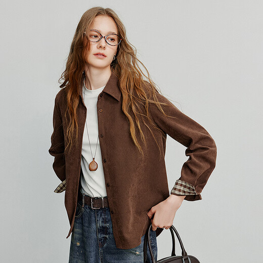 Chuyu Shirt 2025 Autumn New Style Luli Style Brushed Stitching Plaid Shirt Versatile Top Mocha Brown M