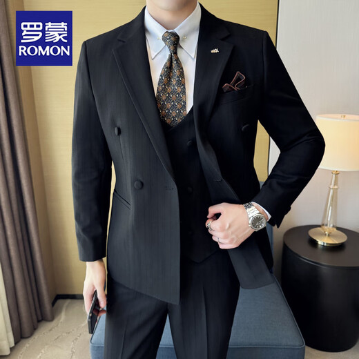 ROMON commuting simple business casual double-breasted suit suit groom Korean version men's slim suit formal dress men black suit + vest + pants 6XL /62 190-205Jin Jin equals 0.5 kg wear