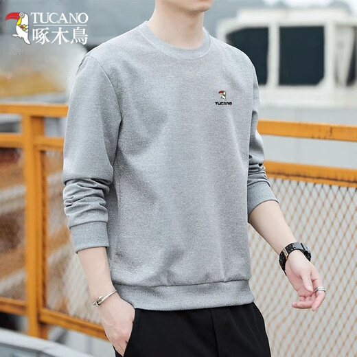Woodpecker (TUCANO) sweatshirt men's autumn casual loose round neck versatile pure cotton long-sleeved T-shirt youth bottoming shirt men's white - no velvet XL (recommended 115-135Jin Jin equals 0.5 kg)