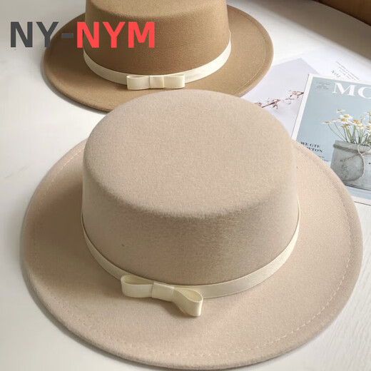 NY-NYM British style retro woolen hat for women in autumn and winter fashion versatile bow flat top Korean style black jazz hat for men black M (56-58cm)