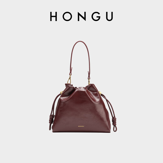 Honggu Bags Women's Bag 2025 New Women's Versatile Bucket Bag First Layer Cowhide Shoulder Underarm Bag Crossbody Handbag Burgundy