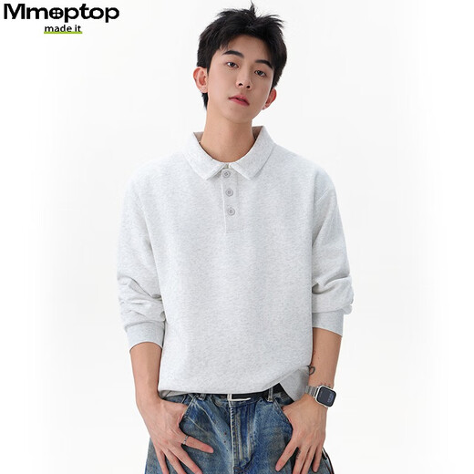 MMOPTOP Japanese heavyweight Chinese cotton polo collar sweatshirt autumn and winter men's loose inner long-sleeved MWY21 white flower gray L