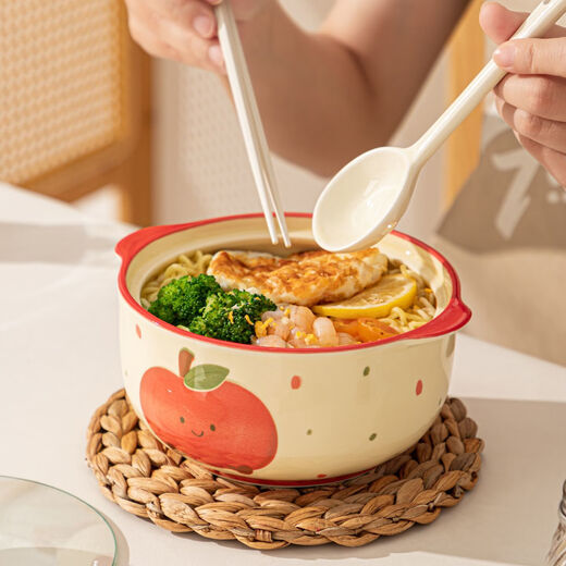 Ceramic instant noodle bowl with lid tableware student dormitory large capacity double-eared snail noodle bowl cute noodle bowl personal use 6-inch apple instant noodle bowl with lid