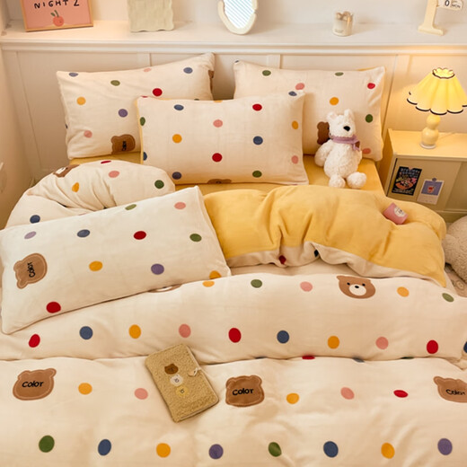 Winter coral velvet bedding four-piece set, double-sided thickened milk college student sheets, quilt cover, three-piece fitted sheet, polka dot bear, sheet style 1.8 four-piece set - quilt cover 200*230
