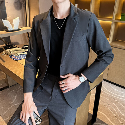 JEEP SPIRIT吉普休闲潮流春秋季西服套装男士痞帅修身感单外套韩版潮流男装 深灰九分套装（西裤+西服） XL 【推荐130-145斤】