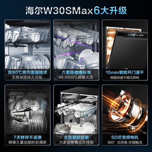 Haier (Haier) W30SMax 18 sets of large capacity, 20% national supplement, household fully automatic built-in dishwasher 80, high temperature + UV sterilization, one-button single disinfection, smart door opening, quick drying, six-star sterilization EYBW18586SHU1 Suikong black