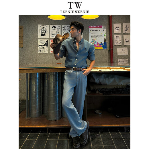 Teenie Weenie小熊男女同款休闲衬衫2025春季新款时尚水洗牛仔衬衣 蓝色 L