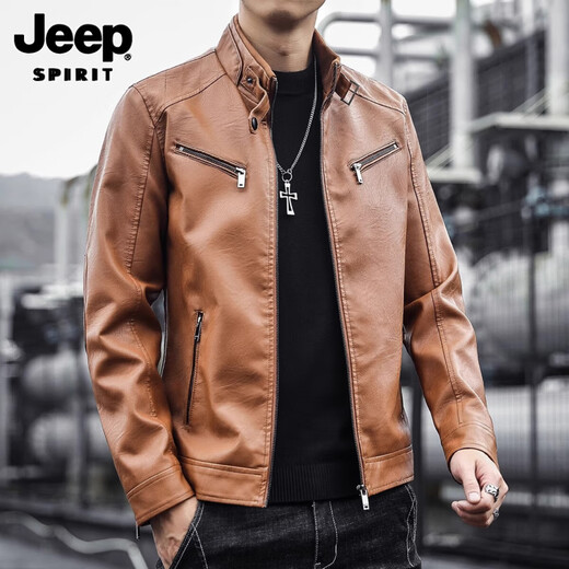 JEEP SPIRIT Jeep men's leather jacket 2025 new youth autumn and winter plus velvet stand-up collar handsome motorcycle leather jacket jacket for men 609 black jacket XL recommended 126-140Jin Jin is equal to 0.5 kg