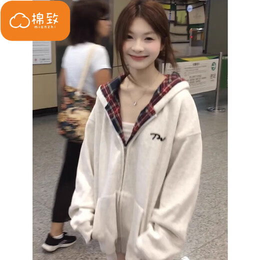 棉致美式复古格子开衫卫衣女春秋季2025新款oversize慵懒风连帽外套 H0019白灰色【常规高品质31.5】 L 100-120斤