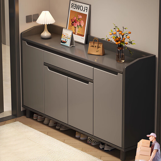MIKEMIJIA entry shoe cabinet home door storage cabinet integrated wall-mounted large-capacity storage 2025 new indoor solid wood shoe rack E1 grade environmental protection board 4 doors 4 layers 120CM sky gray can hold 22-25 pairs of shoes Delivered upstairs (self-assembly)