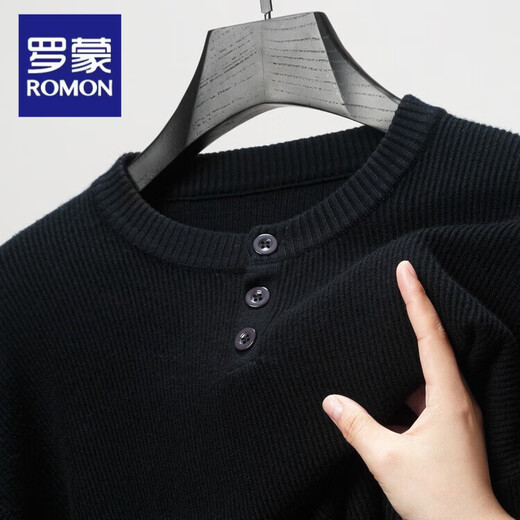 ROMON Henley collar long-sleeved T-shirt men's long-sleeved autumn new jacquard inner layering shirt round neck men's sweater black XL 52