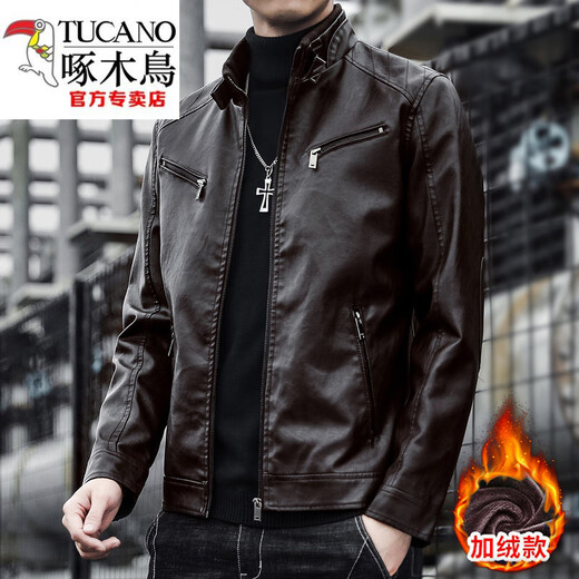 啄木鸟（TUCANO）加绒真好皮皮衣男士立领海宁潮牌帅气休闲秋冬款机车皮夹克外套防 黑色机车皮衣 加绒 2XL 145-160斤