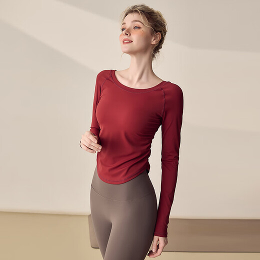 LULULMCCTN long-sleeved yoga clothes for women, running sports tops, slim fit, Pilates training t-shirt, quick-drying fitness clothes, red S