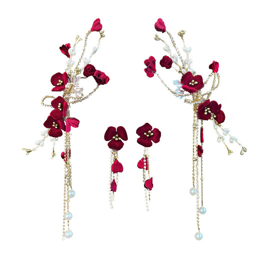 Bridal headdress, red hairpin, wedding dress, super fairy hair accessories, toasting suit, atmospheric forest style side clip for women, bridal flower hairpin set