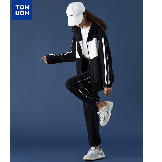 TonLion women's patchwork contrasting color cardigan hooded sweatshirt jacket top/black M