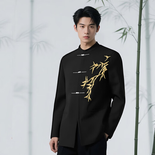 GOKU Men's New Chinese Style Engagement Dress Stand Collar Mao Suit Suit Chinese Style Embroidered Suit for Marriage Tang Suit Men Golden Bamboo Jacket + Pants 3XL Recommended Weight 150-180 Jin Jin equals 0.5 kg