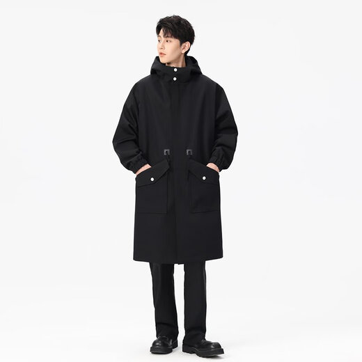 LOFVRANG cotton thickened warm mid-length windbreaker jacket men's autumn and winter large size loose fat casual coat knee-length cloak black cotton thickened 2XL suitable for 160 to 180 Jin Jin equals 0.5 kg