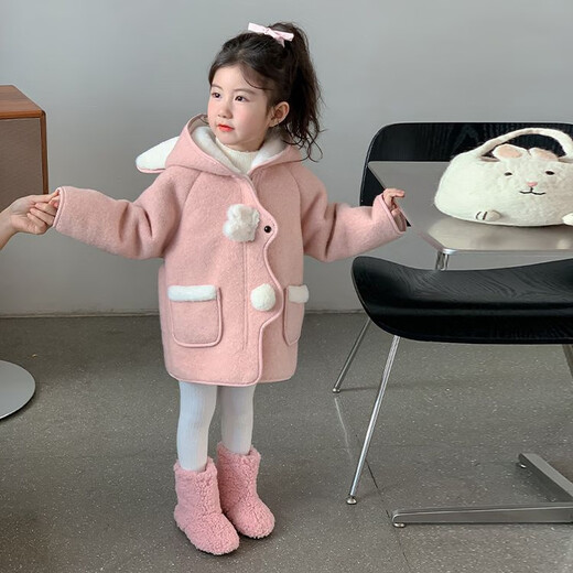 BABO PANDA童装女童外套秋冬款2025新款洋气儿童冬装上衣女宝宝加绒呢子大衣 粉色 90 建议1~2岁【 80-90cm】