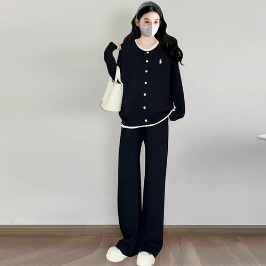 Geman maternity wear autumn suit 2025 new slim casual loose large size tops and pants two-piece knitted autumn and winter black suit L (recommended 110-125 Jin Jin equals 0.5 kg)