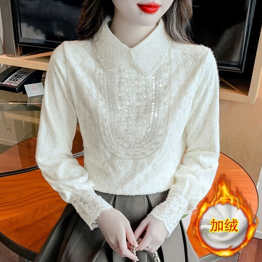 Luo Meng lace inner shirt for women 2025 new autumn and winter fashionable fashionable plus velvet bottoming doll collar long-sleeved top white regular L 105-120 Jin Jin is equal to 0.5 kg