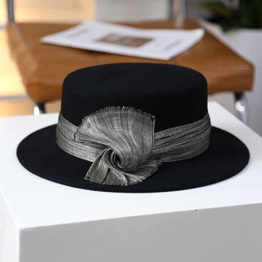 JOLISAC Autumn Print New for Autumn and Winter Elegant Gold Straw Ginkgo Knot Wool Flat Top Felt Hat French Retro Fashion Hat Black Adjustable