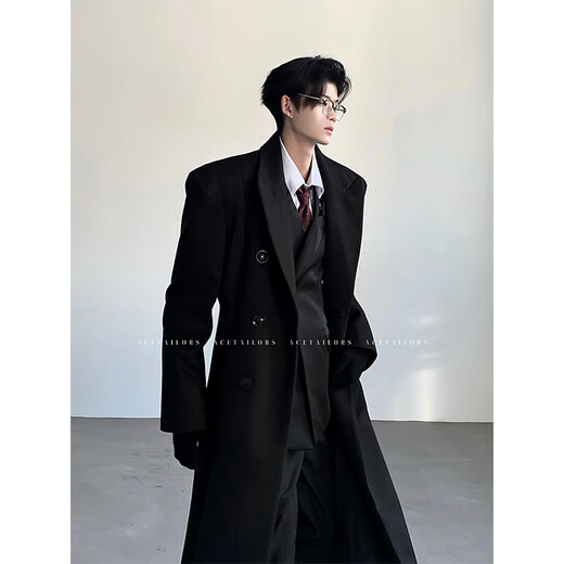 Du Xiaoxian British style black shoulder padded godfather coat men's autumn mid-length high-end cleanfit shoulder windbreaker jacket black regular XL recommended 120-140Jin Jin equals 0.5 kg