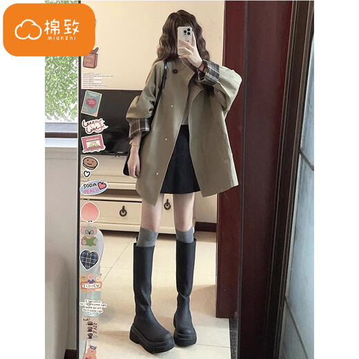 Cotton Korean style windbreaker jacket for women British style autumn and winter new fashion high-end stand-up collar short popular coat 125 khaki high quality L 110-120Jin Jin is equal to 0.5 kg