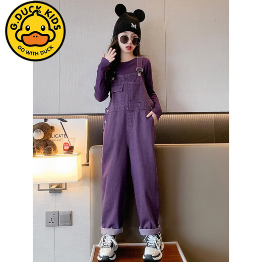 G.DUCKKIDS Little Yellow Duck Girls' Overalls Set Dopamine Style Children's Clothes for Big Girls Purple Fashionable Long-Sleeved Pants Two-piece Set Purple Overalls 160 cm
