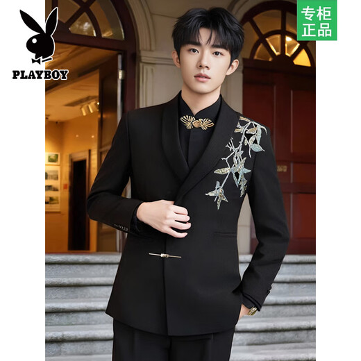 Playboy Suit Shop Loose Embroidery Wedding New Chinese Suit Suit Engagement Groom Wedding Banquet Zhongshan Men's Clothing Black Suit + Pants + Black Gold Button Shirt S