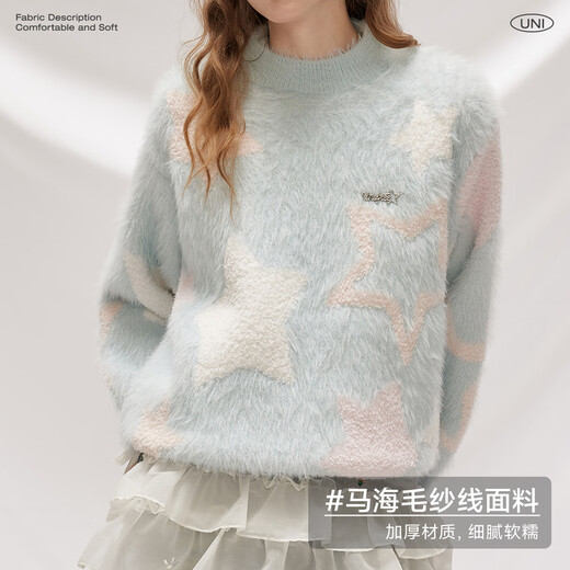 UNIFREE thickened mohair pullover sweater female star jacquard contrast soft waxy lazy loose top blue one size