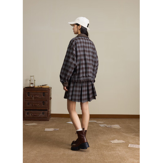 Zihan (ZIHAN) Zihan retro college style coffee grid jacket pleated skirt top and bottom suit skirt women 2025 autumn new style coffee grid M