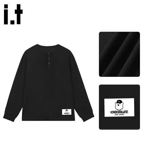 CHOCOOLATE it waffle long-sleeved top men's 2025 autumn black versatile casual pullover henley shirt black 3XL recommended 170Jin Jin equals 0.5kg -190Jin Jin equals 0.5kg