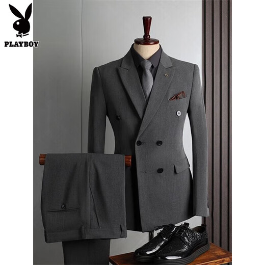 Playboy suit men's British style double-breasted high-end business casual suit three-piece groom's wedding dress men's medium gray (suit + pants) L 50