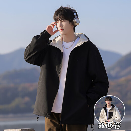 WHIM NASA Reversible Jacket Men's 2025 Autumn and Winter New Jacket Clothes Men's Teenagers Junior High School Students Plus Velvet Beige XL (140-160Jin Jin equals 0.5 kg)