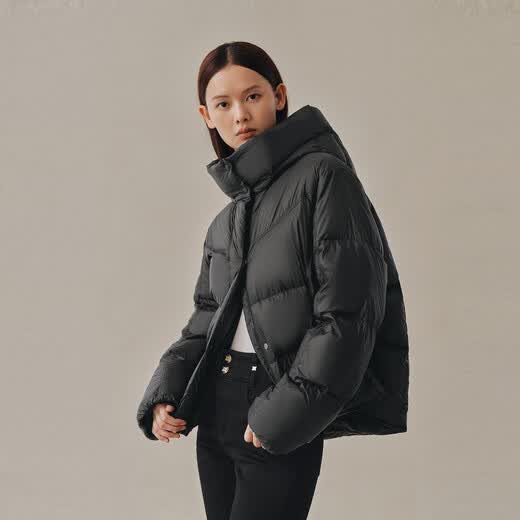 太平鸟【热气球】女装连帽泡芙花苞长羽绒服冬保暖外套 曜石黑【短款】 M