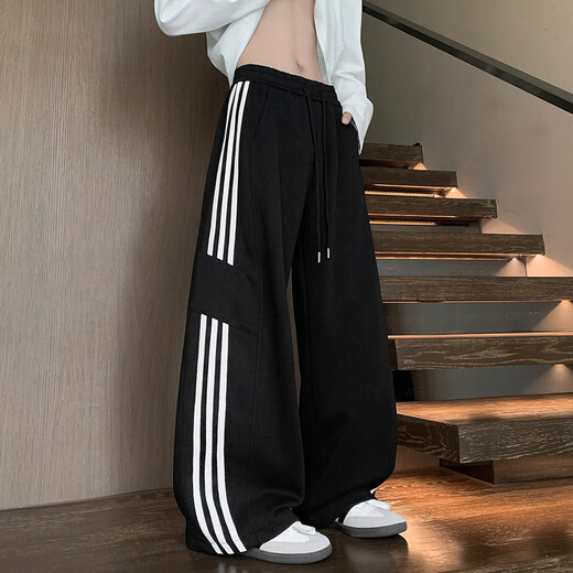 Du Xiaoxian American heavyweight three-stripe casual pants men's autumn new floor-length wide-leg pants loose straight sports pants black XL recommended 120-140Jin Jin equals 0.5 kg
