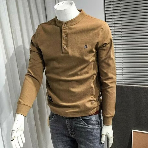 European high-end retro polo shirt men's stand-up collar slim long-sleeved American Henry collar T-shirt letter embroidered sweatshirt trendy CX10 sweatshirt white regular L