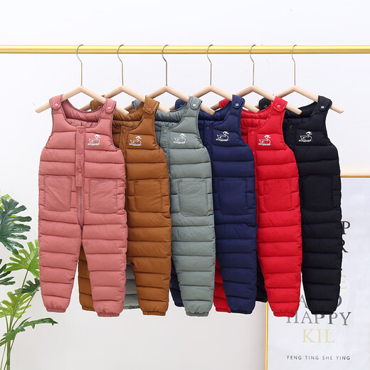 Warm winter duck duck children's one-piece girls' down overalls cotton pants winter autumn and winter baby open outer wear warm thickened pants black zipper open shoulder straps adjustable 100 recommended around 3 years old