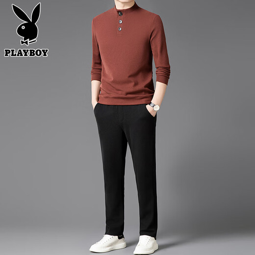 Playboy (PLAYBOY) brand men's Henry collar sweater spring thin inner base suit sweater with wool cashmere long-sleeved T light rice coffee M recommended 120Jin Jin is equal to less than 0.5 kg
