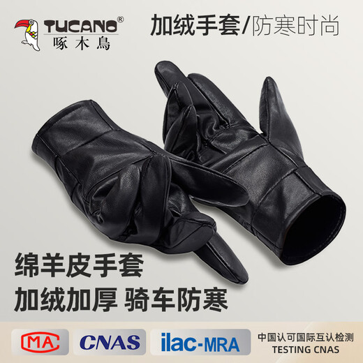 Woodpecker (TUCANO) leather gloves men's winter touch screen plus velvet warm cycling outdoor cycling men's winter windproof sheepskin gloves