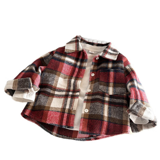 Boys' shirt long-sleeved autumn plaid shirt children's retro color block cardigan new lapel top jacket B83 CY100 100 cm