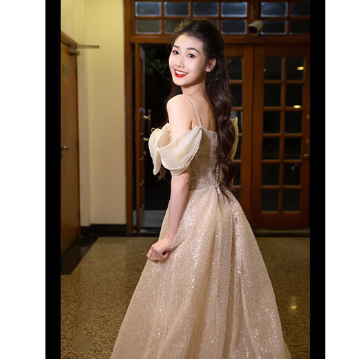 ACJK champagne color evening dress light luxury niche high-end student day art exam adult ceremony host stunning temperament one shoulder picture color THN037 S
