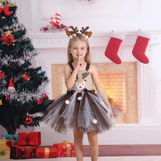Christmas deer European and American children's elk performance princess skirt girls decoration holiday dress tutu skirt performance costume dark coffee dress 90 S (-105 cm)