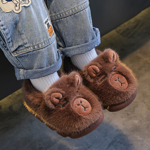 Kapibara children's cotton slippers, girls' winter cartoon cute non-slip soft-soled slippers, baby slippers, upgraded environmentally friendly material, light coffee (heel included) 12, 32/33 size (shoe inner length 19CM, suitable for feet 18