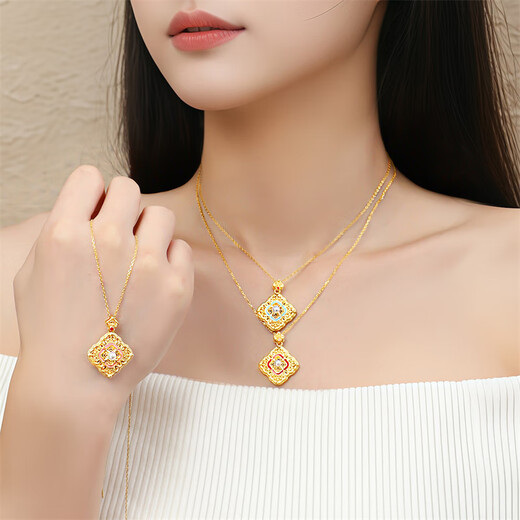 Shipulin 18K gold pendant, new Chinese style four-in-one Ruyi pendant for women, red about 0.6g+pearl+Hetian jade+silver chain